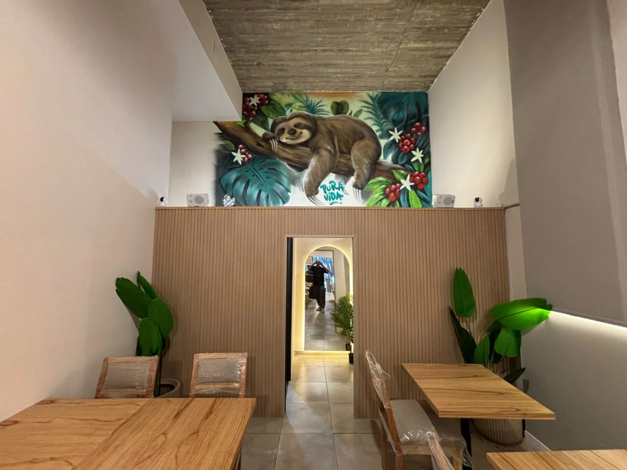 Mesas y sillas de madera frente a un revestimiento de listones y un espejo en cafetería